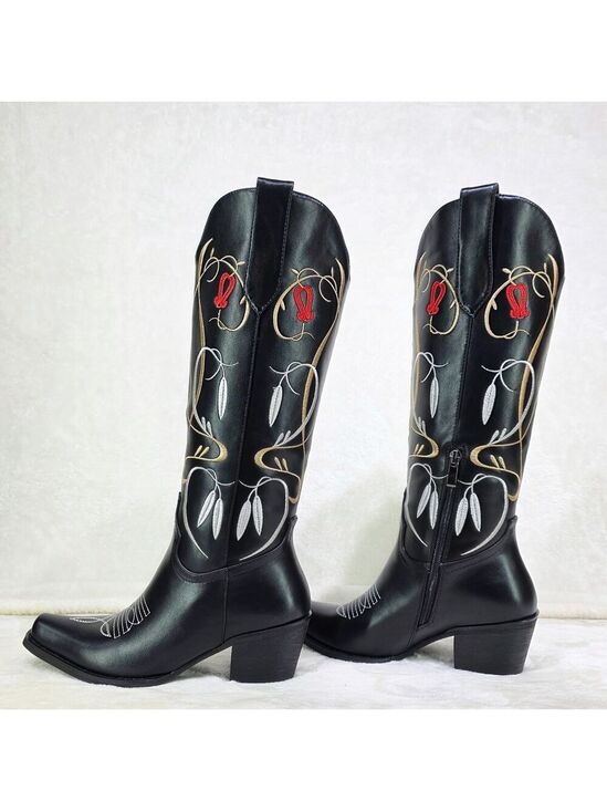 TWF.SHOES Shoes - NIB Lily Bell Embroidery Country Western Cowgirl Calf Knee Boots Black